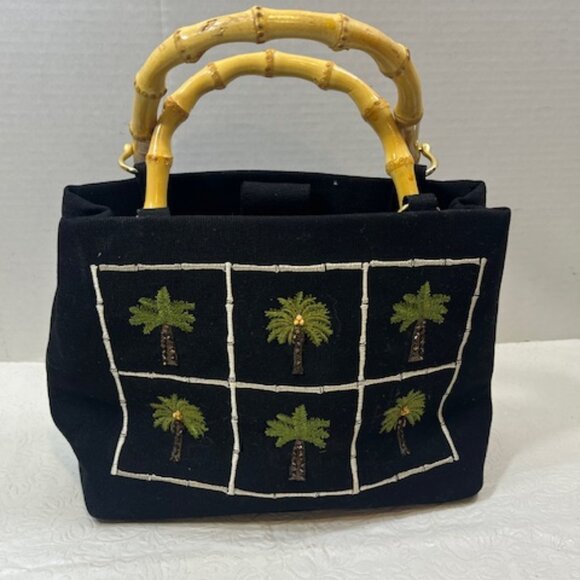 Black Tianni Handbag Embroidered Beaded Palm Trees Bamboo Handles 9"x4"x7.5" - Picture 1 of 14